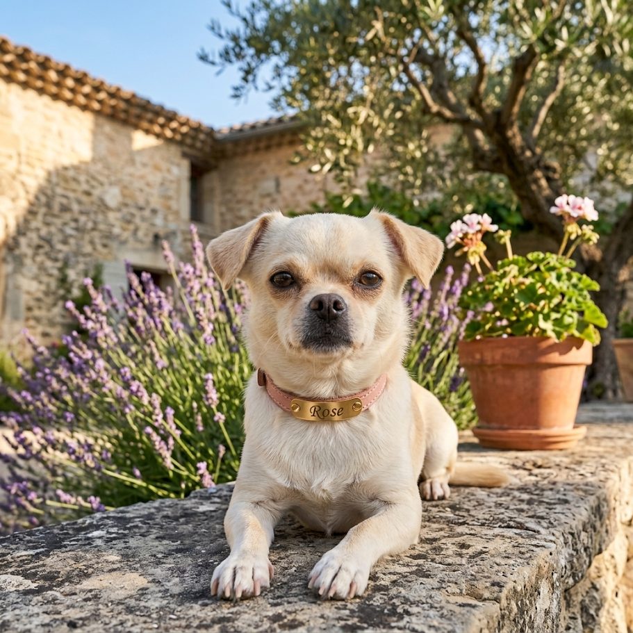 Rose, chihuahua crème, allongée sur un muret de pierre devant des lavandes